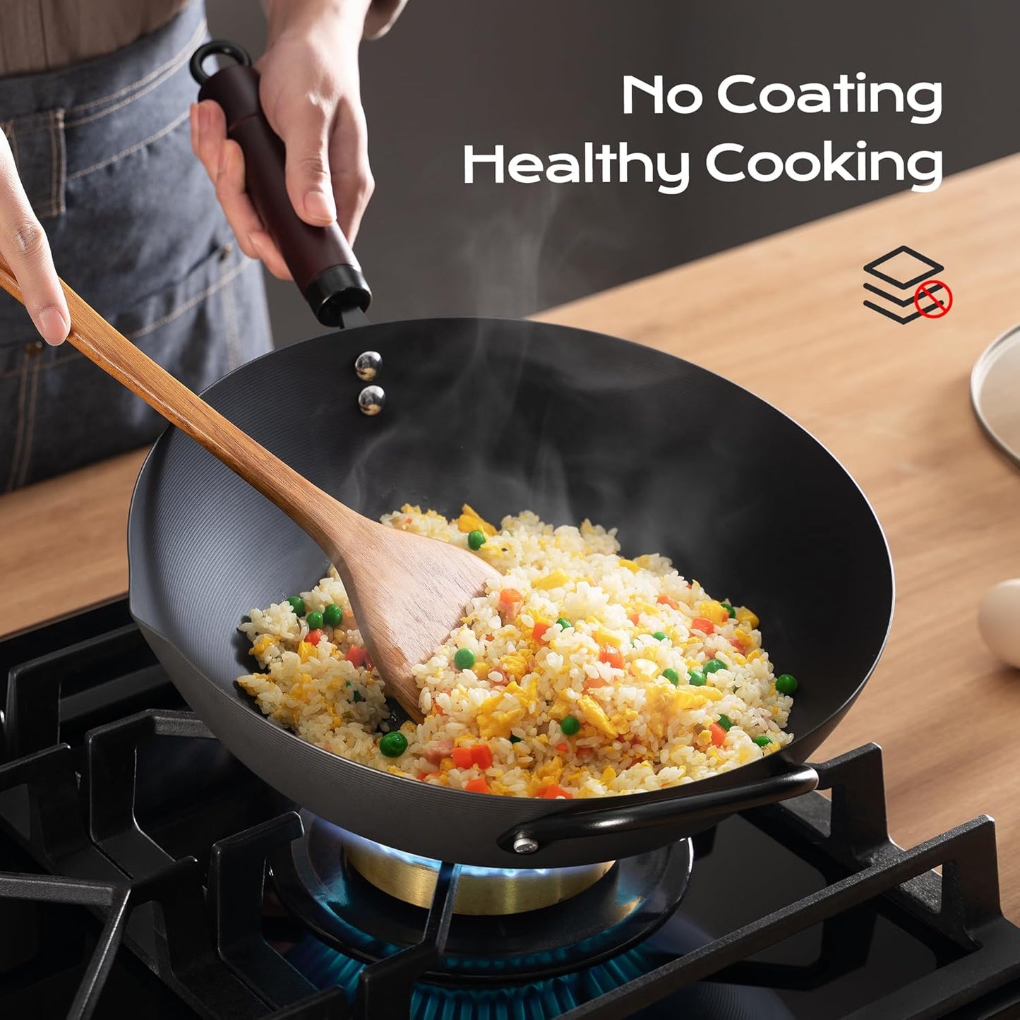 13 Inch Wok with Lid and 12 Inch Sikllet, Carbon Steel Cookware Set, Carbon Steel Woks &Stir-fry Pans Nonstick and Frying Pan, Pre-Seasoned 5.8QT Flat Bottom Chinese Wok, Compatible with All Cooktops