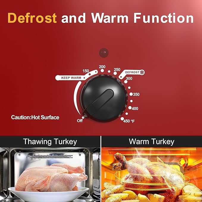 Sunvivi Roaster Oven with Self-Basting Lid,18 Quart Electric Roaster with Removable Pan & Rack,150-450°F Full-Range Temperature Control with Defrost/Warm Function,Stainless Steel,Red