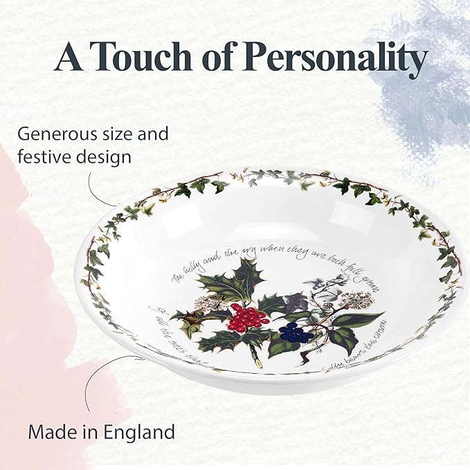 Portmeirion Holly and Ivy 8.5-Inch Pasta Bowls (Set of 4) - Holiday Earthenware for Christmas Feasts, Ideal for Serving Salad, Soups, Desserts - Microwave, Dishwasher Safe - Seasonal Tableware