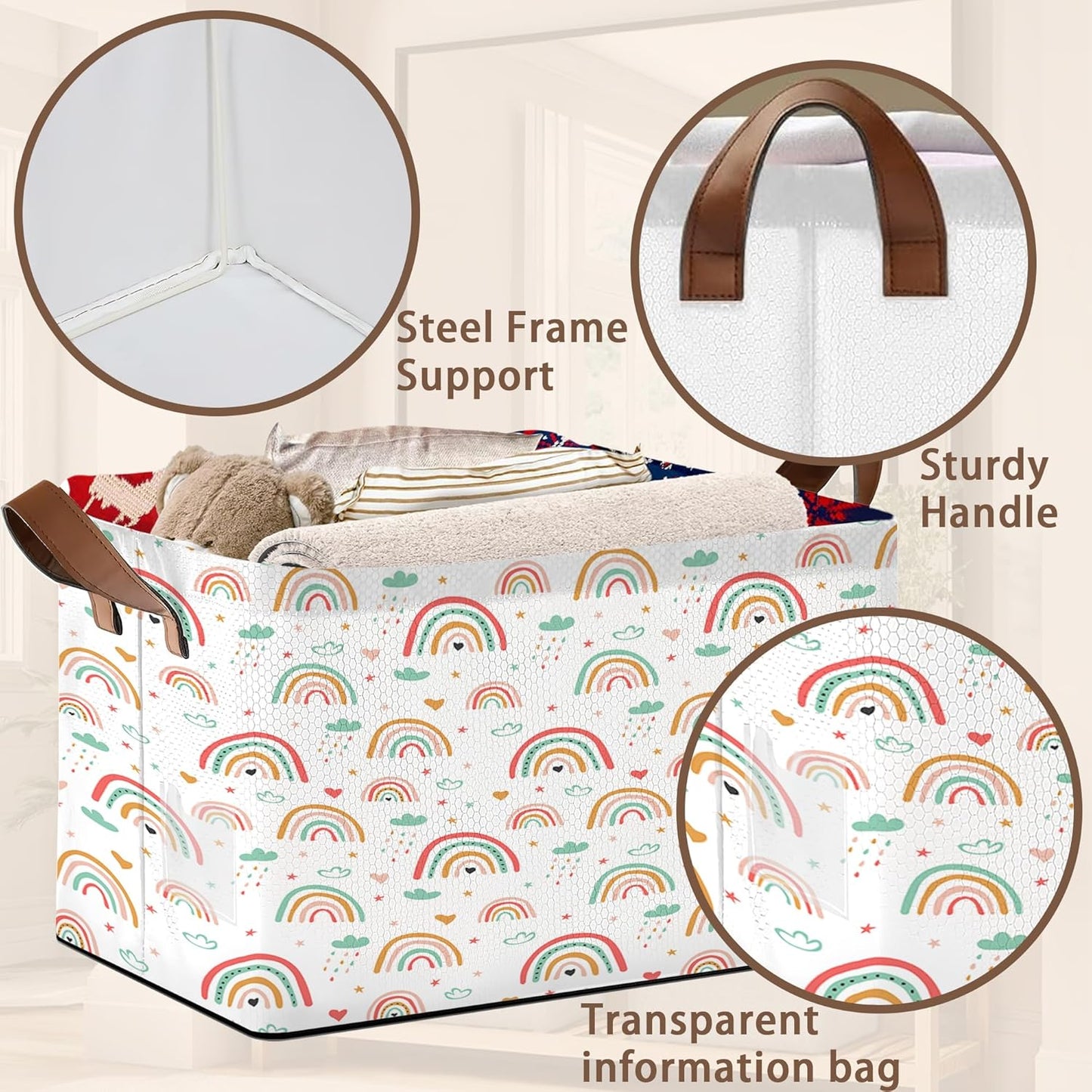 Rainbow Colors Storage Basket Large 17x11.5x10.5 Inche-Collapsible Fabric Organizer Bin with Handles for Kids Room, Nursery, Playroom-Foldable Decorative Hamper with Multicolor Arc Design-Single Pack