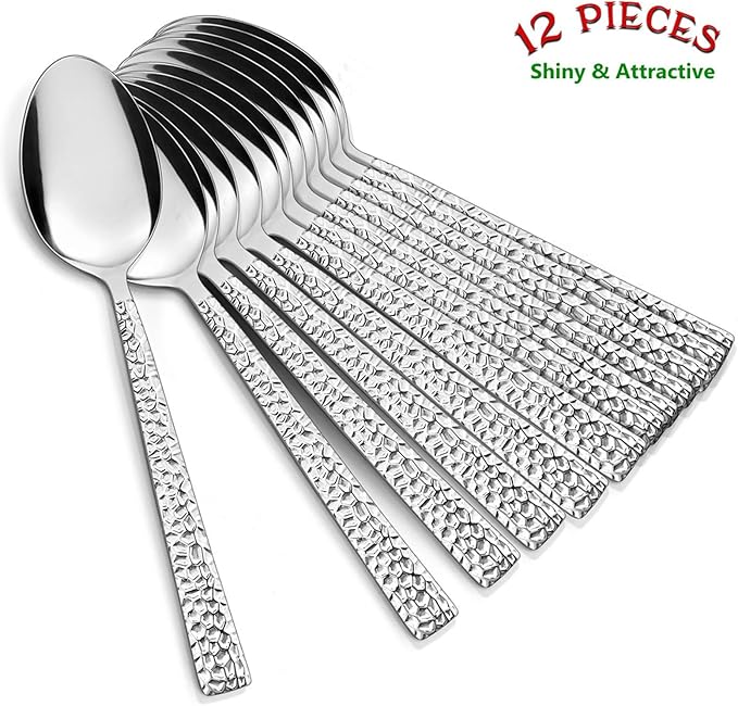 Teaspoon Set of 12, E-far 6.7 Inch Stainless Steel Hammered Spoons for Kitchen or Restaurant, Non-toxic & Mirror Polished, Squared Edge & Dishwasher Safe