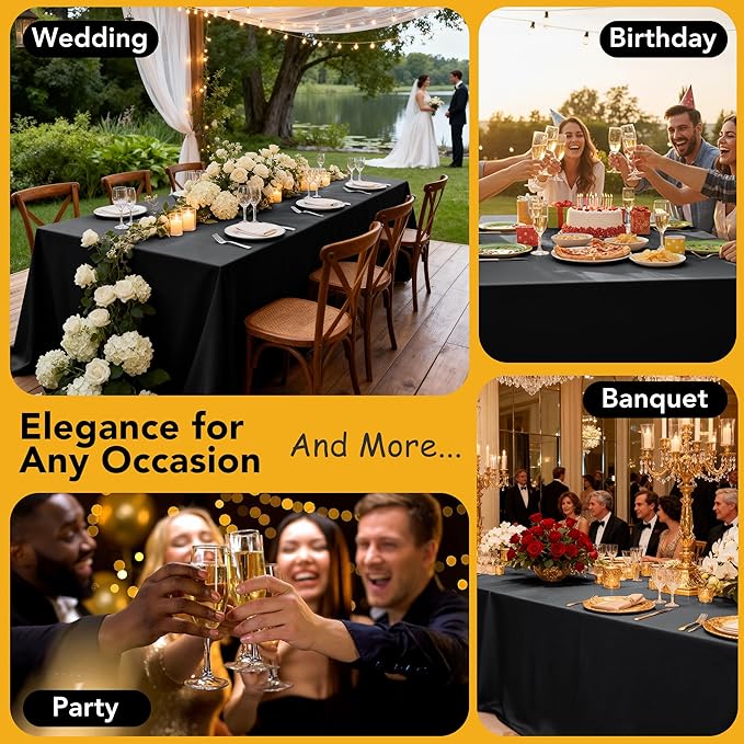 10-Pack Black Tablecloths for Rectangle Tables, 70 x 108 Inches, Stain-Resistant Polyester Fabric for 6 Foot Tables - Washable Table Covers for Weddings, Banquets, Birthday Parties, Events