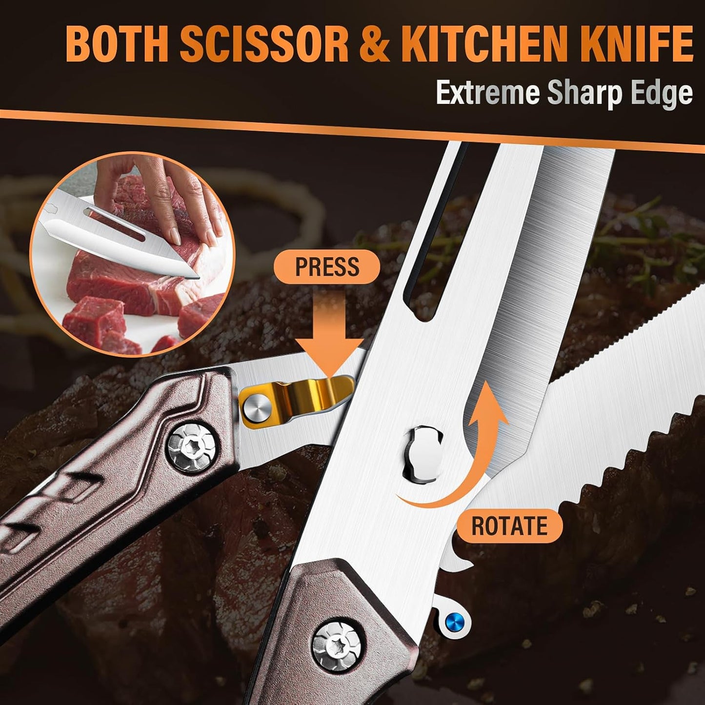 Huusk Heavy Duty Poultry Scissors - Kitchen Scissor for Food with Serrated Edge, Detachable Sharp Shears for Cutting Meat, Chicken Bone and Turkey, Scissors All Purpose for Thanksgiving (Brown)