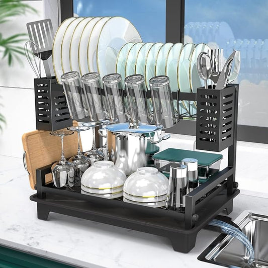 B-Land Dish Drying Rack: 2 Tier Dish Racks for Kitchen Counter and Sink - Large Dish Drying Rack with Drainboard & Utensil Holders - Stainless Steel Dish Drainers Kitchen Organization and Storage