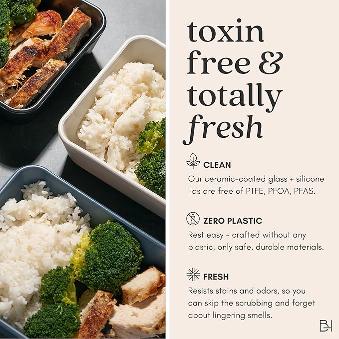 Ceramic Coated Glass Food Storage Container | No PTFE, PFOA, PFAS, and BPA | Reusable Non Toxic Meal Prep Container with Glass Lid | Easy To Store | 11 Cup Rectangle [Pine]