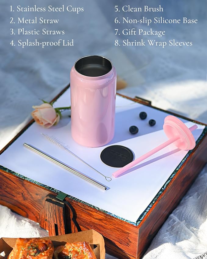 Glass Cups with Lids and Straws, 16oz Stainless Steels Cups, Beer Cups, Iced Coffee Cup, Smoothie Cup, Sublimation Tumbler, White (Smooth Polished Finish, Sublimatable)