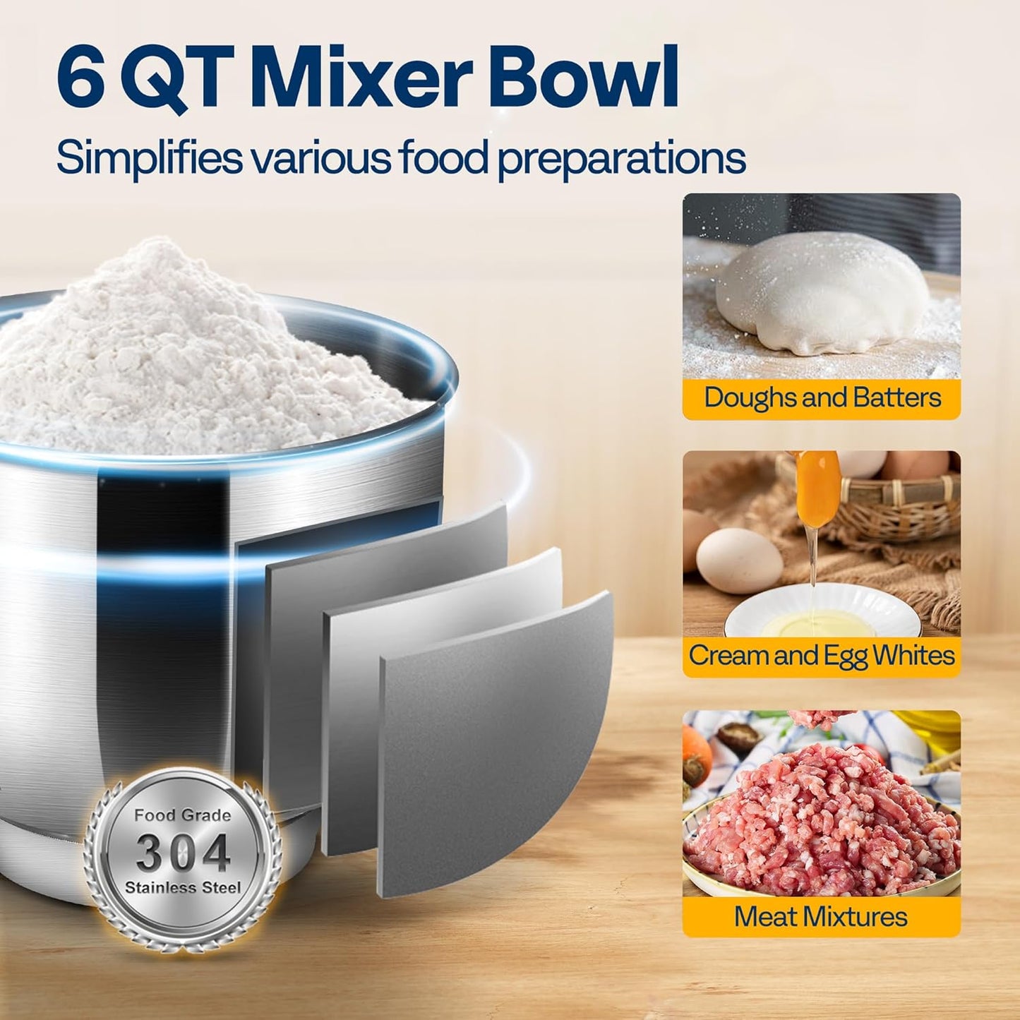 VIVOHOME 3 in 1 Multifunctional Stand Mixer with 6 Quart Stainless Steel Bowl, 650W 6 Speed Tilt-Head Meat Grinder, Juice Blender, Blue