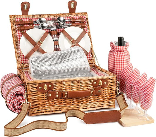 Wicker Picnic Basket Set for 4 Person with Cooler Compartment and Waterproof Picnic Blanket,Removable Strap,Wine Bag,Cutlery Set,for Camping,Day Travel,Beach,Hiking,BBQ and Family/Couples Gifts (Red)