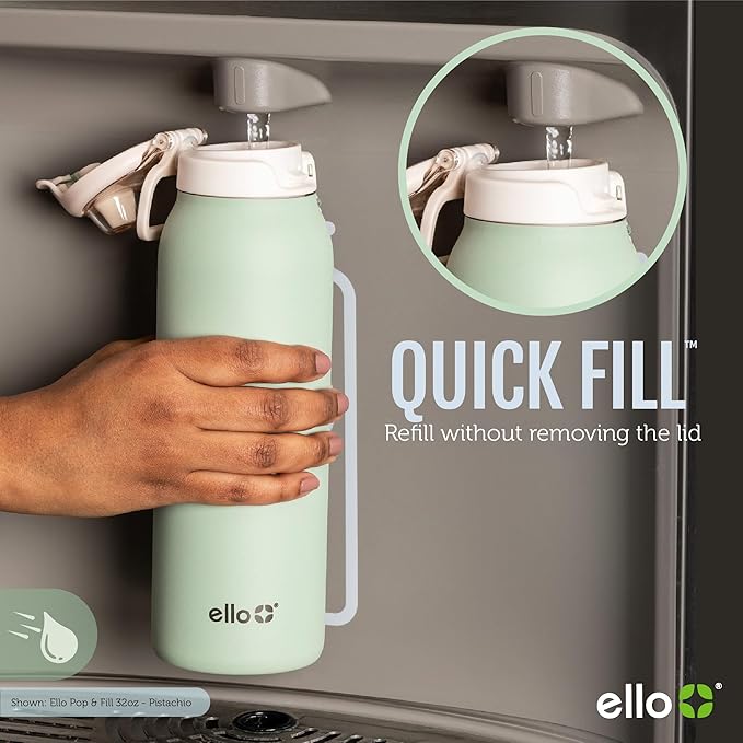 Ello Pop & Fill 22oz Stainless Steel Water Bottle with Quick Fill Technology, Double Walled and Vacuum Insulated Metal, Leak Proof Locking Lid, Sip and Chug, Reusable, BPA Free, Heavenly Hues