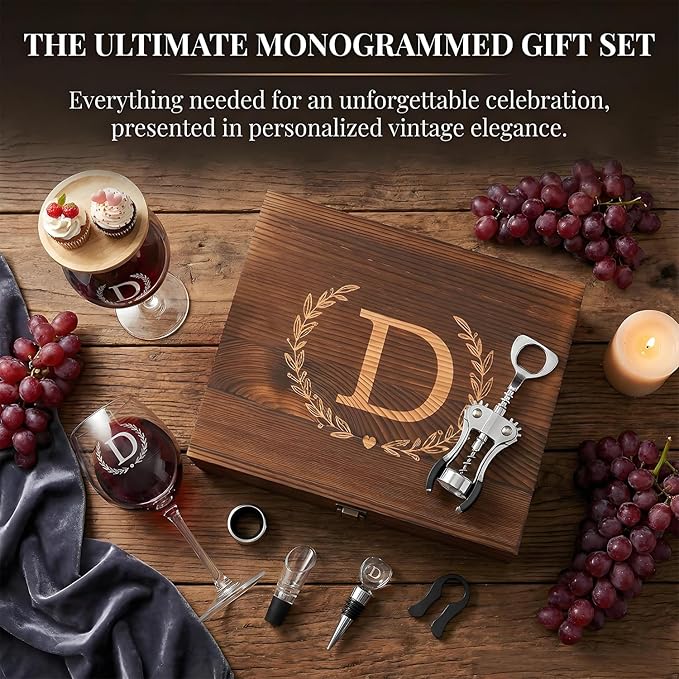 GZLDGIFTS Personalized Initial Wine Glasses Box Gift Set For Women Mom Engraved Birthday Monogrammed Wooden Christmas Gifts Wedding Anniversary Wine Couples Stopper Opener Initial Letterr (K Set)