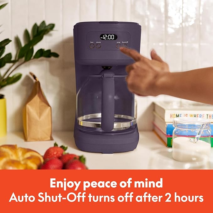 bella 12 Cup Programmable Coffee Marker, Reusable Dishwasher Safe Accessories, Easy LCD diaply, Auto Shutoff, 900 watt, Plum