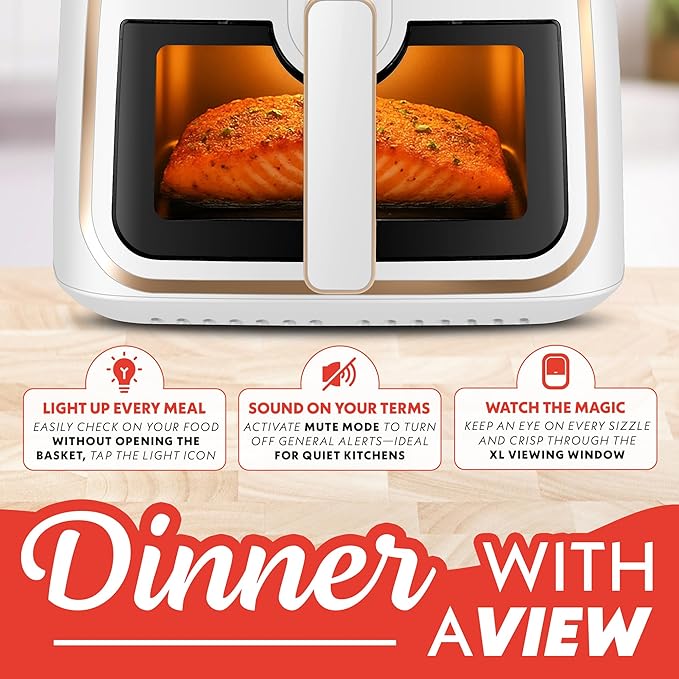 Gourmia 8 Qt Air Fryer, 8 Presets with Digital Display, FryForce 360° Technology, Easy View Window & Interior Light, Dishwasher Safe Basket, White