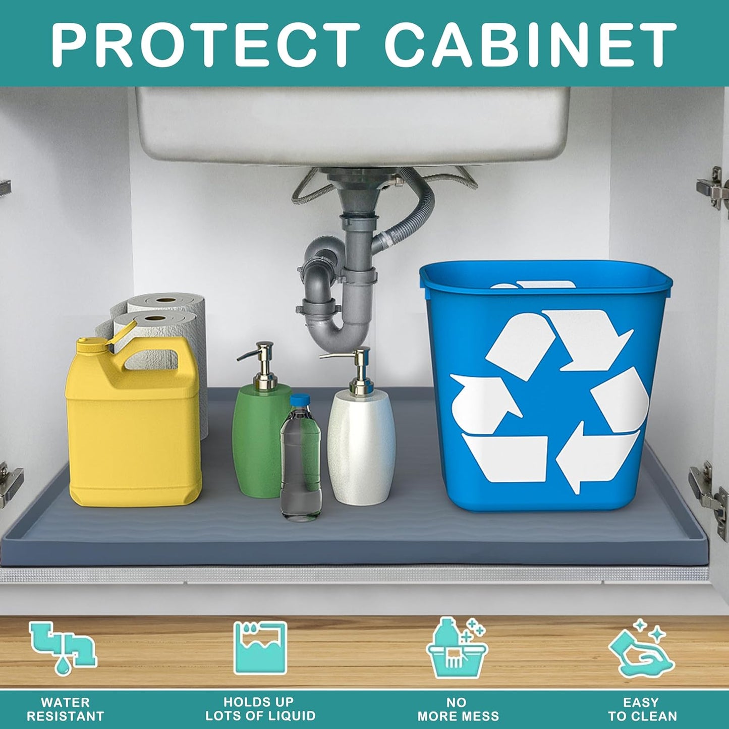 URMONA Waterproof Silicone Under Sink Mat 40'' x 22'' Shelf Liner for Kitchen and Bathroom, Cabinet and Counter Protector, Storage and Organizers, Litter Mat, Pet Cat Puppy Essentials(Light Grey)