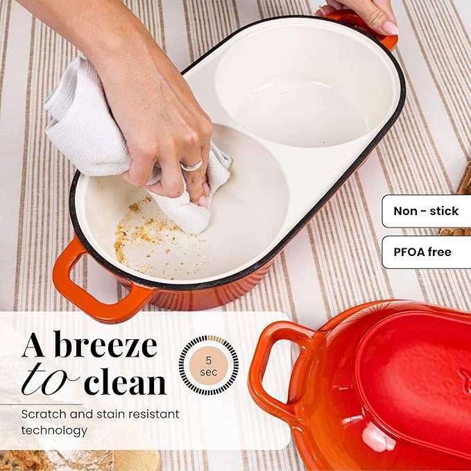 Dutch Oven For Sourdough Bread Baking – Enamelled Cast Iron Bread Loaf Pot – 500°F Oven Safe Non Stick Bread Pot – Double Round Loaf Space, 16.5cm Diameter, Orange, – by Nuovva
