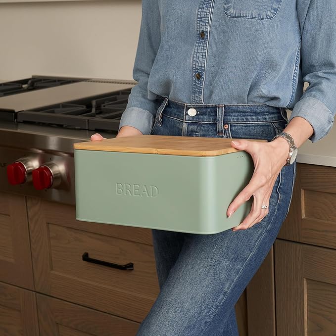 Beautiful Bread Box With Wooden Lid For Your Kitchen Countertop - Spacious Container Perfectly Stores Your Homemade Bread, English Muffins & Bagels - Quality Cutting Board Lid Keeps Bread Fresh