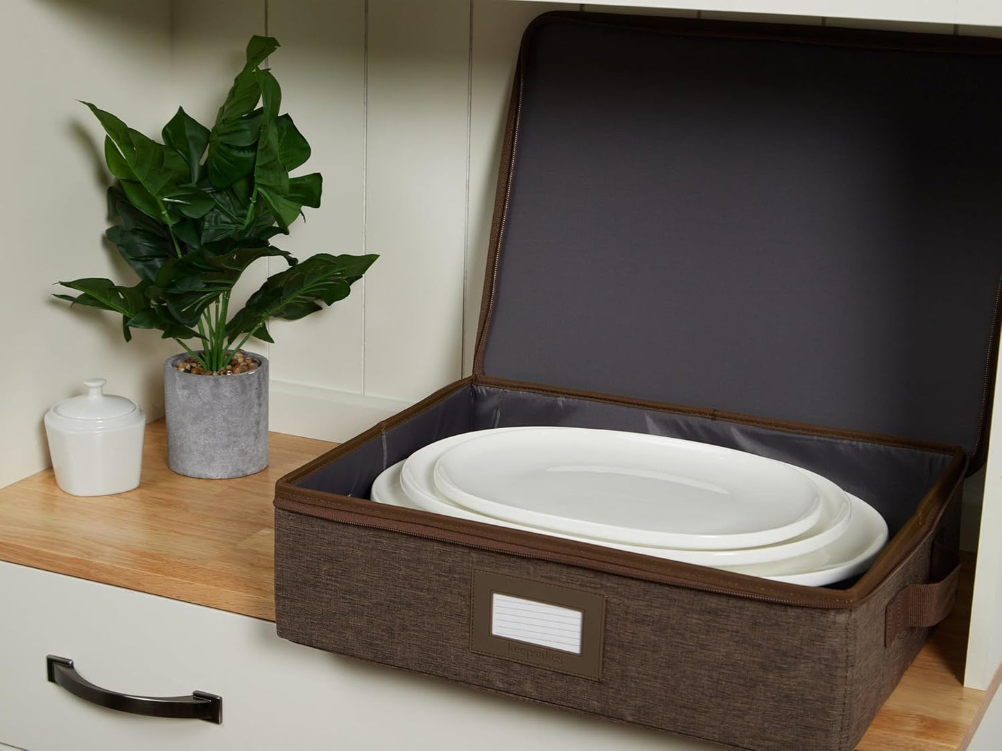 Covermates Keepsakes Dish Storage Box - Stackable, Reinforced Handles, China Storage, Brown Heather