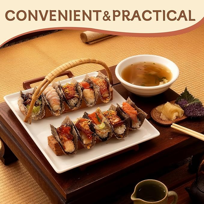 Wooden Taco Holder Stand for Sushi Hand Roll, Temaki & Sushi Roll – 1/2/3/5 Slot Sushi Display Tray, Natural Wood Serving Platter (2 pcs per Pack) (5 Slot (2 pcs))