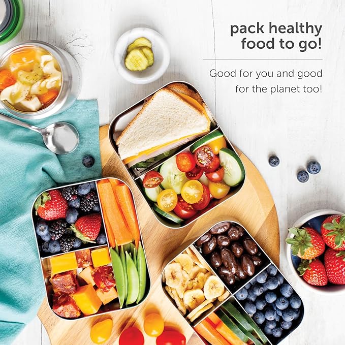 LunchBots Large Cinco Stainless Steel Lunch Container - Five Section Design Holds a Variety of Foods - Metal Bento Box - Dishwasher Safe - Stainless Lid - Blue Dots