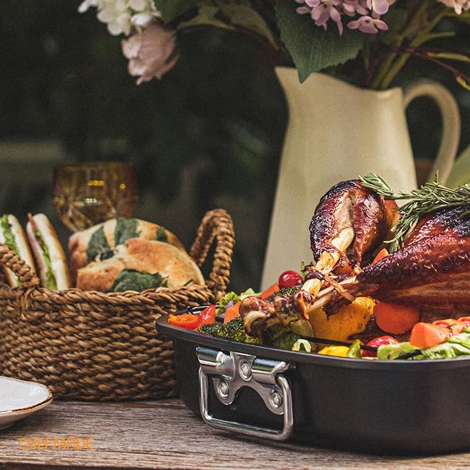 CHEFMADE Roasting Pan, 17-Inch Non-Stick Turkey Roaster Lasagna Pan with V Rack - Rectangular Deep Dish Chicken Roaster-BBQ Pan for Turkey 14.1" x 17.1" x 3.3"(Black)