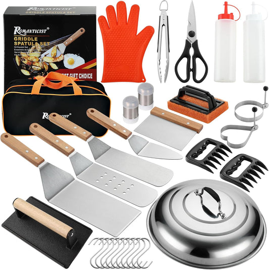 ROMANTICIST Professional Grade Griddle Accessories Kit - 30PCS Flat Top Grill Tools Set for Breakfast, Outdoor Grilling, Teppanyaki - Heavy Duty Griddle Spatula Scraper Burger Press - Ideal Grill Set