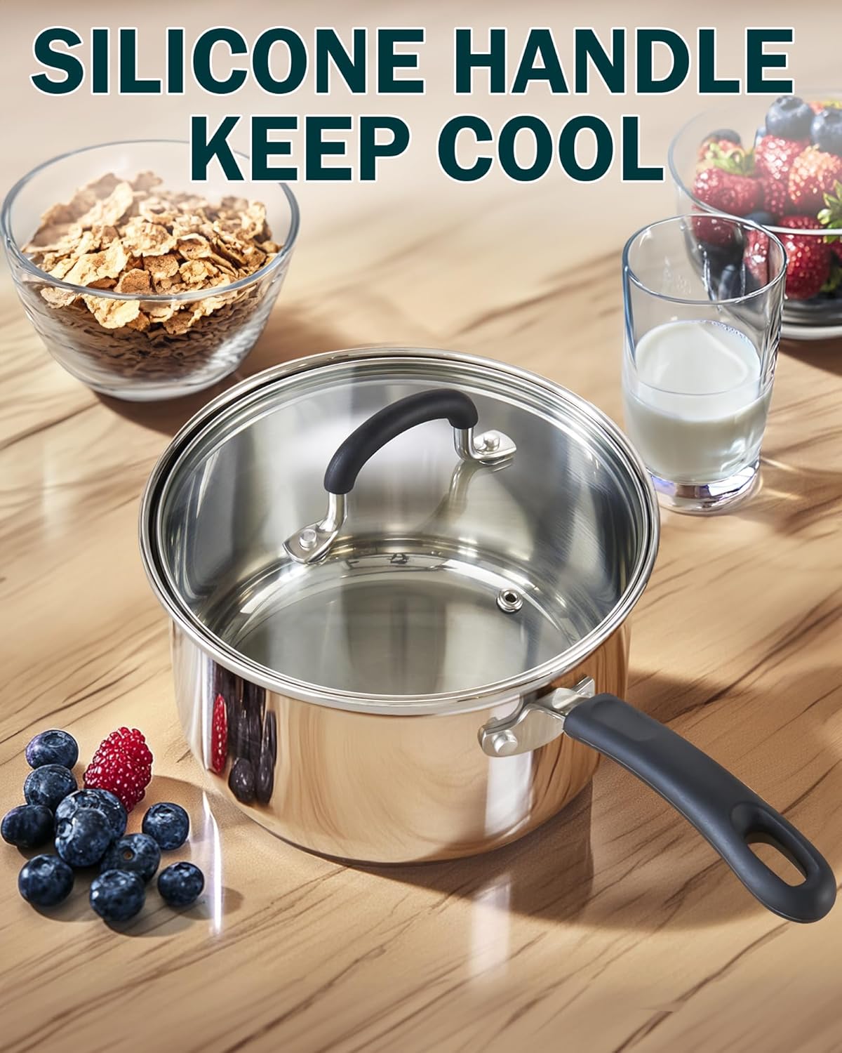 Cook N Home Saucepan Sauce Pot with Lid 2 Quart Stainless Steel , Stay Cool Handle, silver