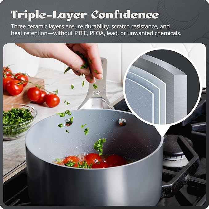 Premium Non-Toxic Ceramic Cookware Set – Triple-Layer Nonstick 12 Piece Pots and Pans with Lids, PFAS-Free, Oven Safe for Healthy Meals, Space-Saving Design, Midnight Gray Color | Greater Goods