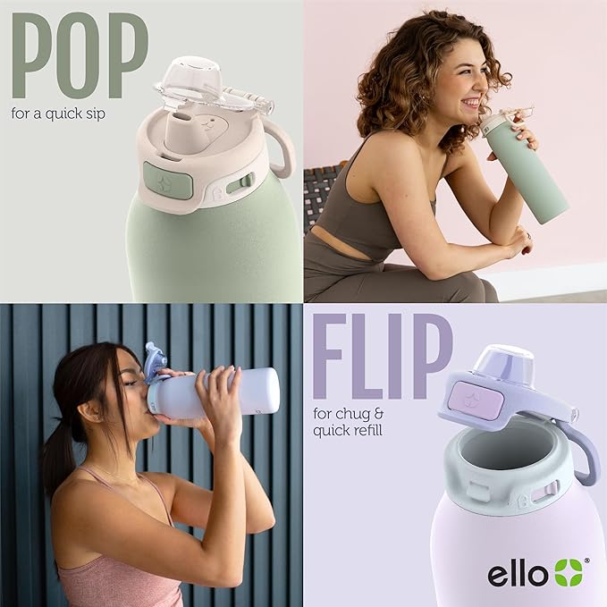 Ello Pop & Fill 40oz Stainless Steel Water Bottle with Quick Fill Technology, Double Walled and Vacuum Insulated Metal, Leak Proof Locking Lid, Sip and Chug, Reusable, BPA Free, Coastal Sunrise