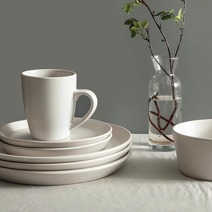 Stone Lain Albie Stoneware 16 Piece Dinnerware Set, Plates and Bowls Sets, Dish Set for 4, White Speckled, Microwave & Dishwasher Safe