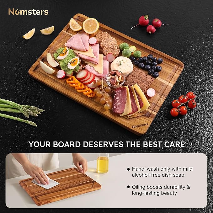 4 Pack Teak Wood Cutting Board Set with Holder Non Slip Over Sink Wooden Chopping Board for Fresh Meat Vegetable Thick Haus Perfect for Charcuterie Juice Groove Holiday Gift Ideas for Men and Women