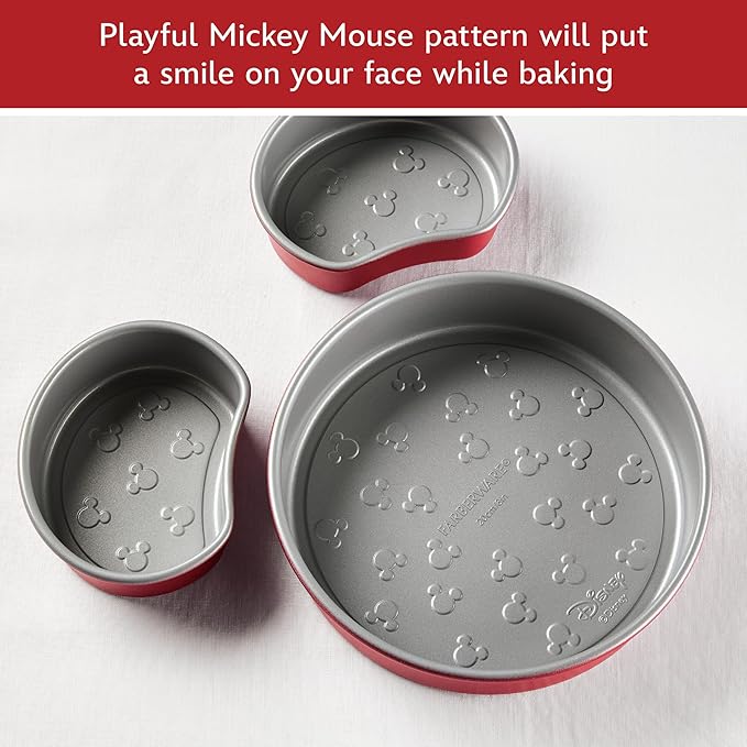 Farberware Disney Bake with Mickey Mouse Nonstick Bakeware Cake Pans, Baking Sheet, and Loaf/Meatloaf Pan, 6 Piece Non Stick Bakeware Set - Red