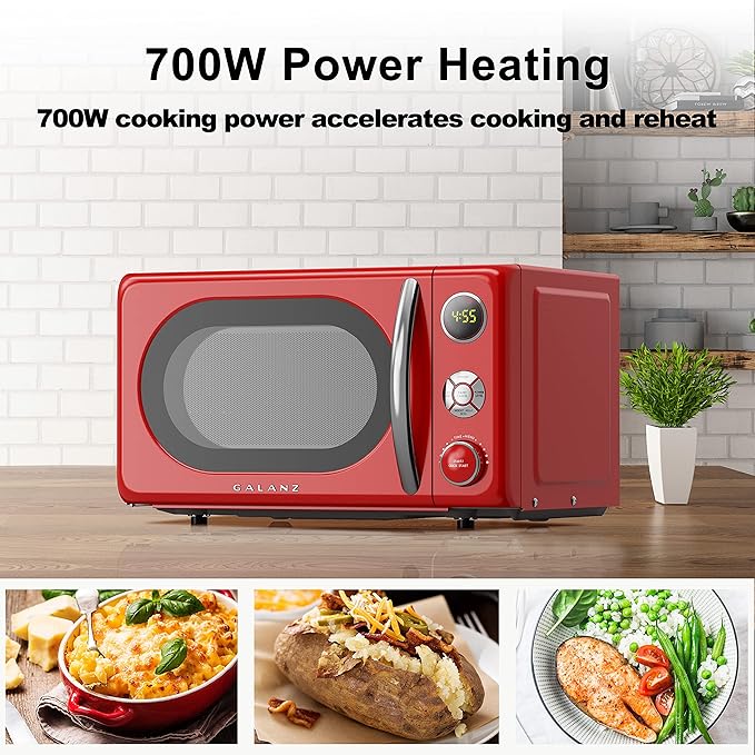 Galanz GLCMKA07RDR-07 Microwave Oven, LED Lighting, Pull Handle Design, Child Lock,Retro Red, 0.7 Cu.Ft