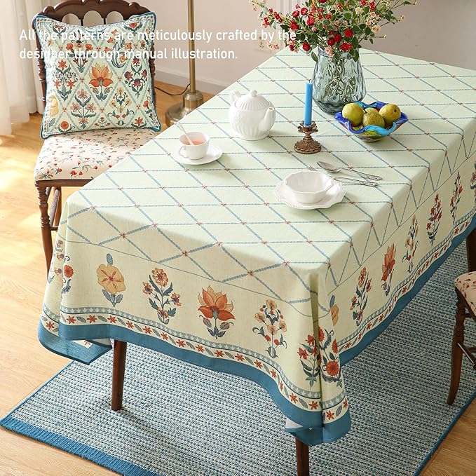 ISAENNE Designer Linen Floral Table Cloth for Rectangle Table,Light Green Farmhouse Durable Tablecloth,Washable Decor Tablecloths for Dining Kitchen Thanksgiving Christmas,55"*79"-Floralsea B