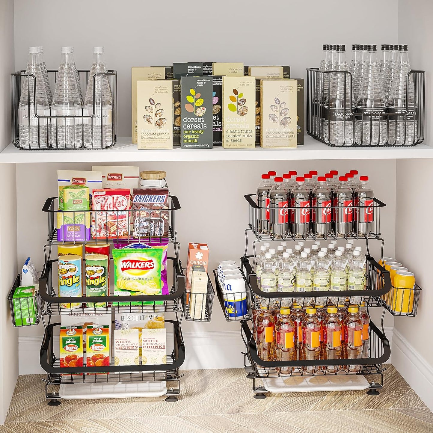 Fruit Basket, 1Easylife 3 Tier Stackable Metal Wire Basket Cart with Rolling Wheels, Utility Rack for Kitchen, Pantry, Garage, With 2 Free Baskets