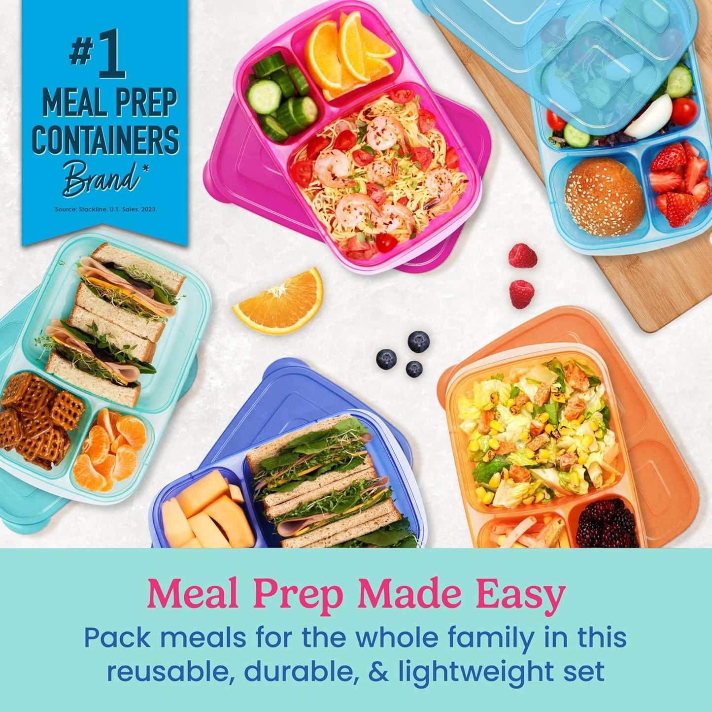 Bentgo Easyboxes - Original Stackable Lunch Boxes - Reusable 3-Compartment Food Containers for Kids and Adults - Bento Lunch Box for Meal Prep, School, & Work - BPA Free, Set of 10 (Jewel Brights)