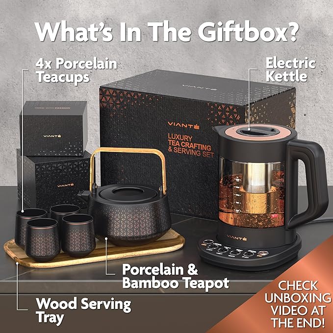 Vianté Luxury Tea Set. Electric Kettle with Infuser for Loose Leaf And Ceramic Serving Set. Teapot and Cup Set with Wooden Tray. Excellent Gift Idea For Tea Lovers.