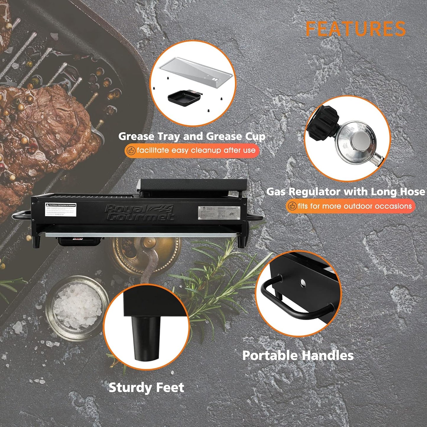 Royal Gourmet GD4002T 4-Burner Tailgater Grill and Griddle Combo, Portable Flat Top Propane Gas Grill with 40,000 BTUs Output for Backyard or Outdoor Cooking, Black