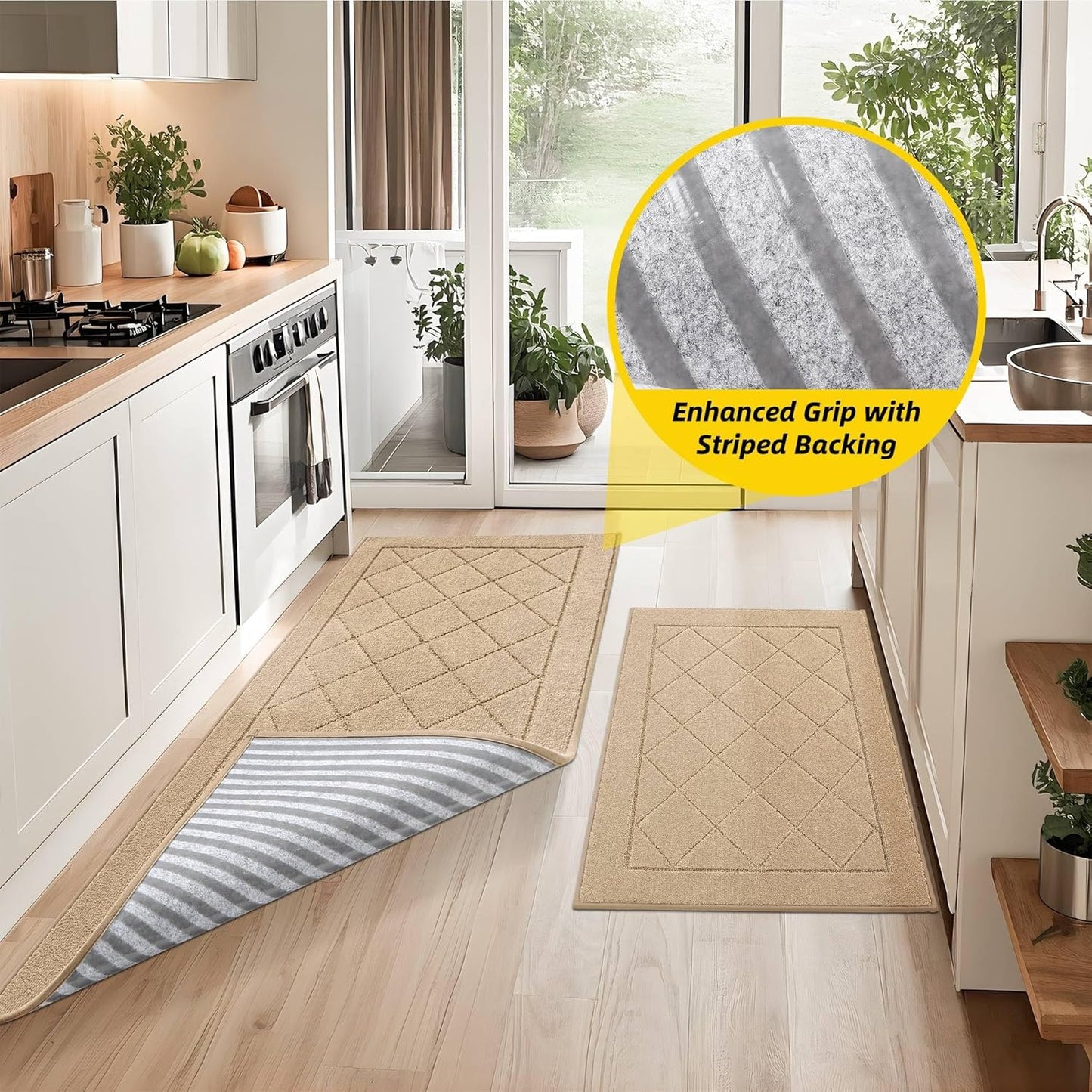 JSEI Non-Slip Kitchen Rugs, Self Adhesive No Sliding Kitchen Mats Set of 2, Soft Washable Absorbent Floor Mat for Kitchen, Bathroom, Laundry Room, Bedroom, 24”x36”+24”x60”, Beige, Diamond Pattern