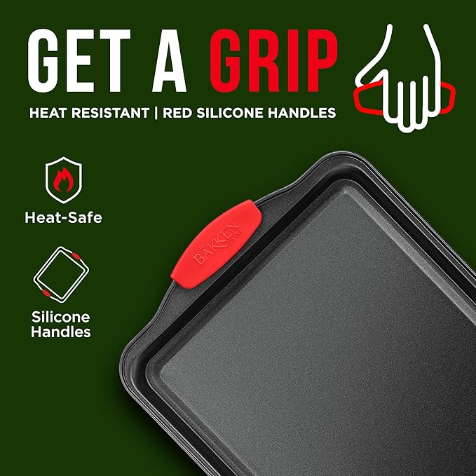 2 Piece Set Nonstick Carbon Steel Oven Bakeware -Professional Quality Kitchen Cooking Baking Trays -PFOA, PFOS, PTFE-Free Medium & Large Baking Sheet Pans with Red Silicone Handles