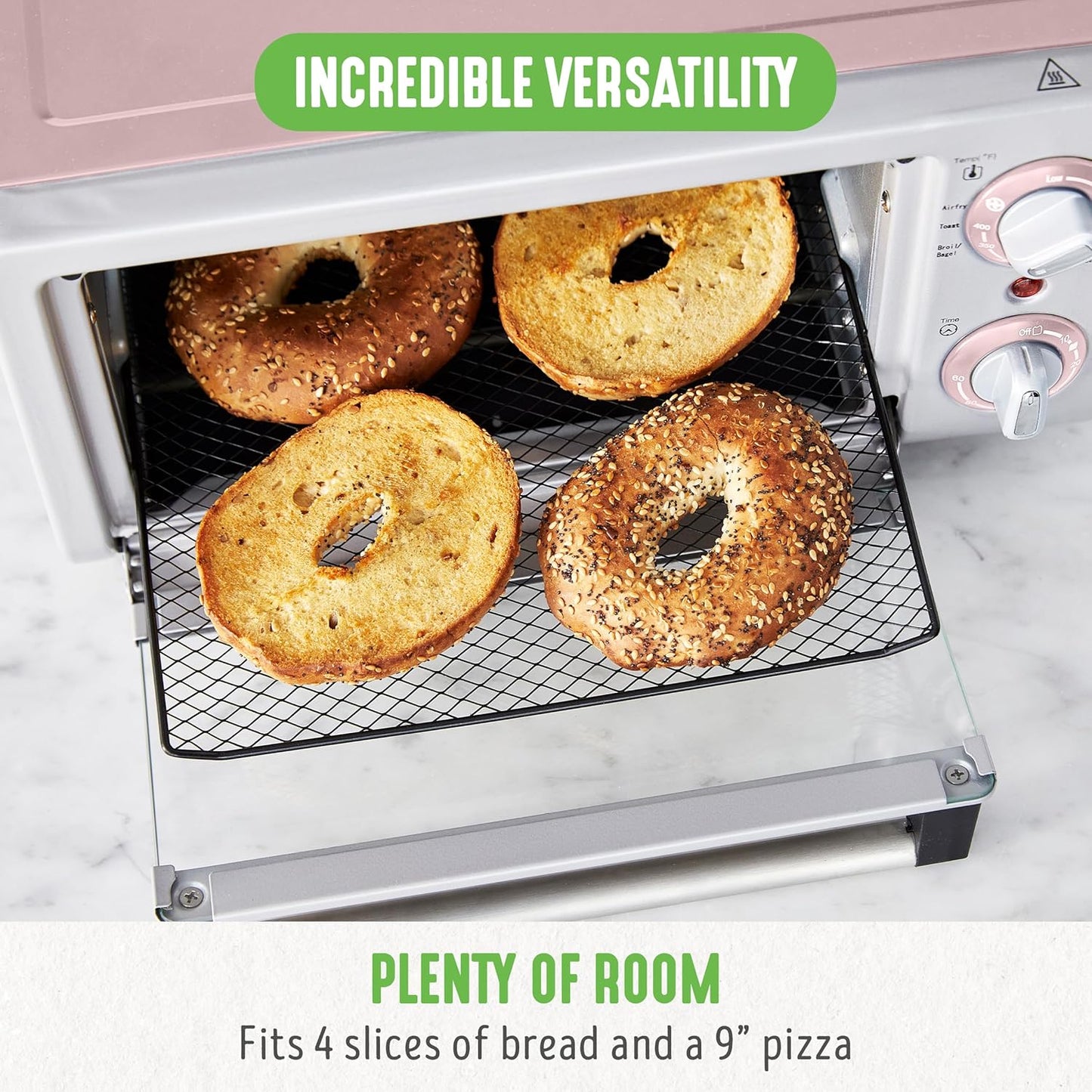 GreenLife Countertop Toaster Oven Air Fryer Stainless Steel, Healthy Ceramic Nonstick, PFAS and PFOA-Free, Tray & Basket, Bake, Broil, Reheat, Adjustable Temp & Time Control, Auto Shutoff, Pink