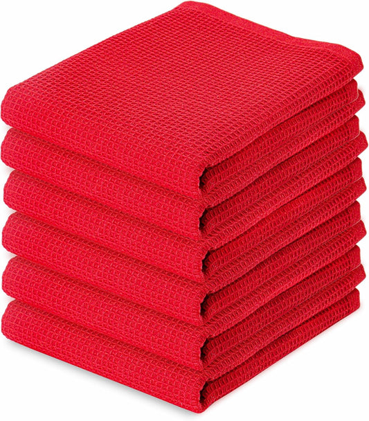 PurpleEssences Waffle Weave Kitchen Towel, 100% Cotton - 15 x 25 Inches, with Hanging Loop Ultra Soft Absorbent Quick Drying Dish Cloth, Tea and Hand Towels, 6 Pack - Spring Summer - Red