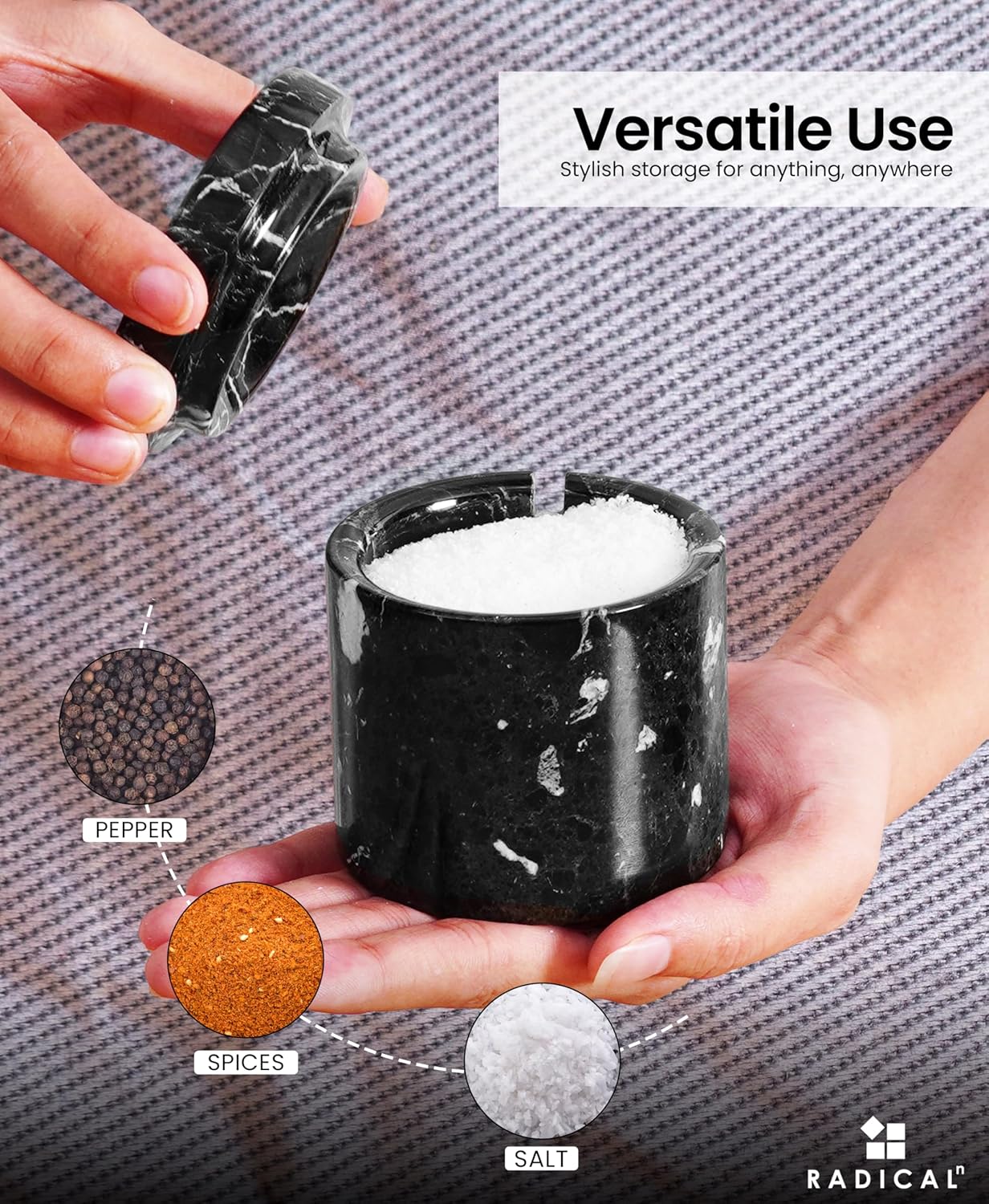 Radicaln Marble Salt Cellar With Lid and Tray 3" Inch Black and White Salt Container, Set of 2 Seasoning Jars, Spice Storage Container and Salt Bowl for Kitchen Countertop