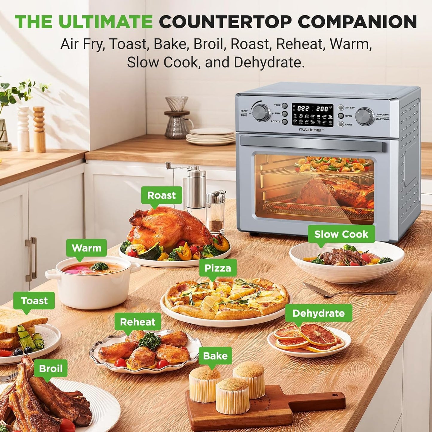 NutriChef 26L Electric Air Fryer Oven | 1700W Countertop Rotisserie & Air Fryer | 360° Rotating Feature | 10 Digital Menu Presets | Includes Drip Tray, Air Frying Basket & Bake Rack 15x16x14 (Silver)