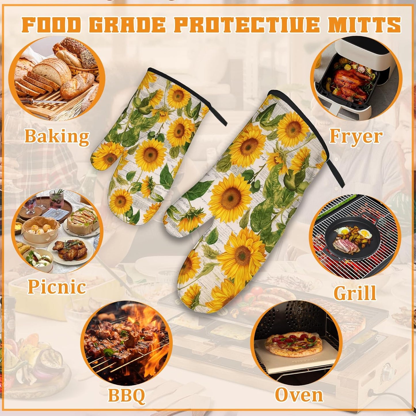 Vintage Sunflower Oven Mitts and Pot Holders,Heat Resistant Oven Mitts Gloves and Pot Holder for Home Kitchen Decorations Cooking Baking BBQ Gifts,Set of 4
