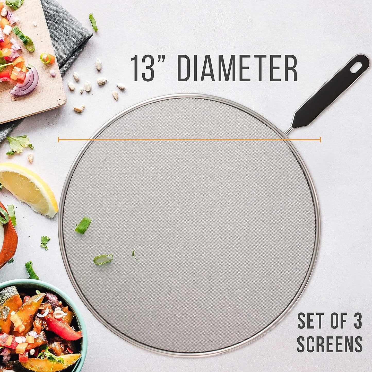 U.S. Kitchen Supply 3-Piece Stainless Steel Splatter Guard Set 13" Fine Mesh Cover, Grease & Oil, Splatter Screen for Frying Pan, Cooking Pots, with Comfort Grip Handles
